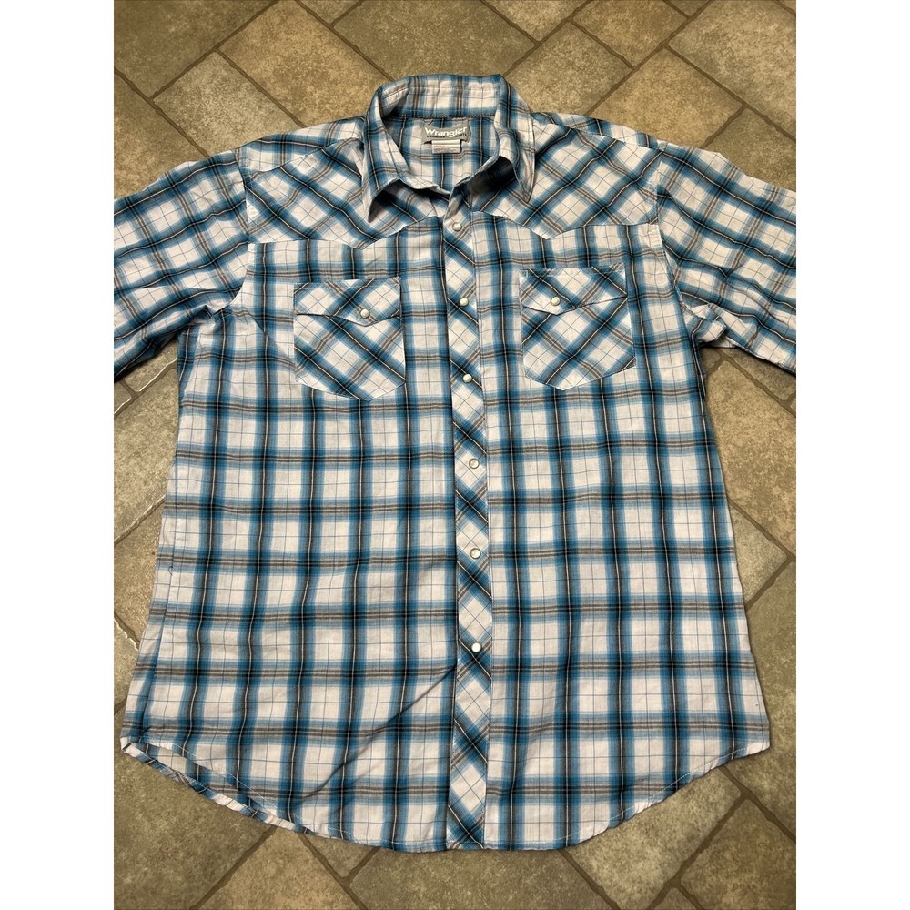Wrangler Wrancher Pearl Snap Shirt Men’s Large Blue Plaid Western Cowboy